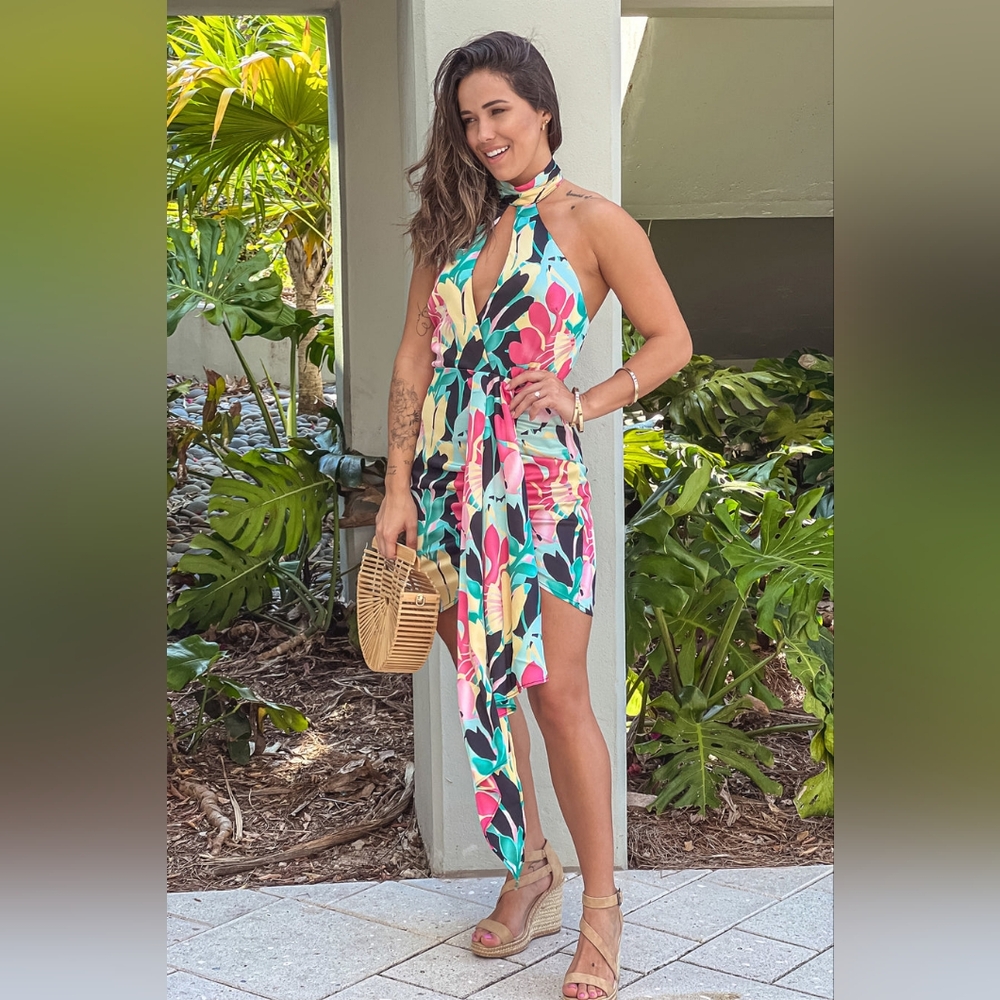 Rosevelvet Tropical Halter Mini Dress With Drape Size S - Picture 5 of 12